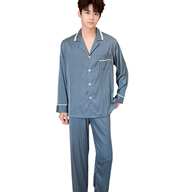 Шелковый комплект мужской пижамы TX0031 Синий рубашка с длинным рукавом и штанами атласная L