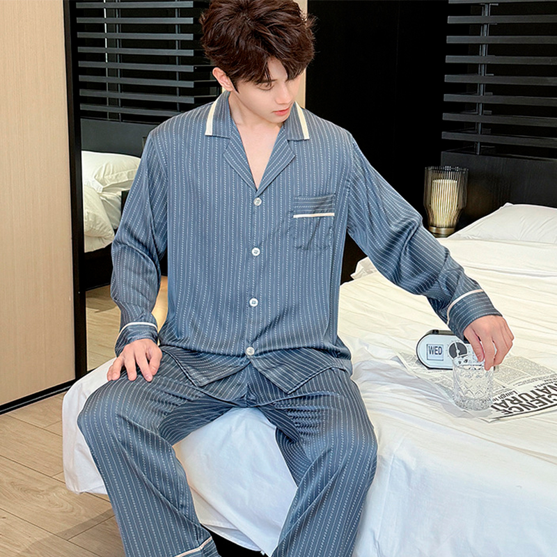 Шелковый комплект мужской пижамы TX0031 Синий рубашка с длинным рукавом и штанами атласная XL
