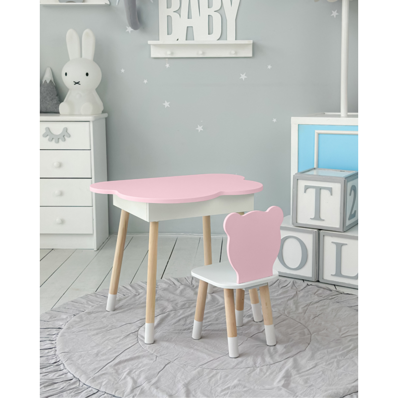 Столик хмаринка з нішею для речей 54х68х50 і стільчик спинка медведик 26.5х26х25, стіл та стілець в дитячу, білий з рожевим