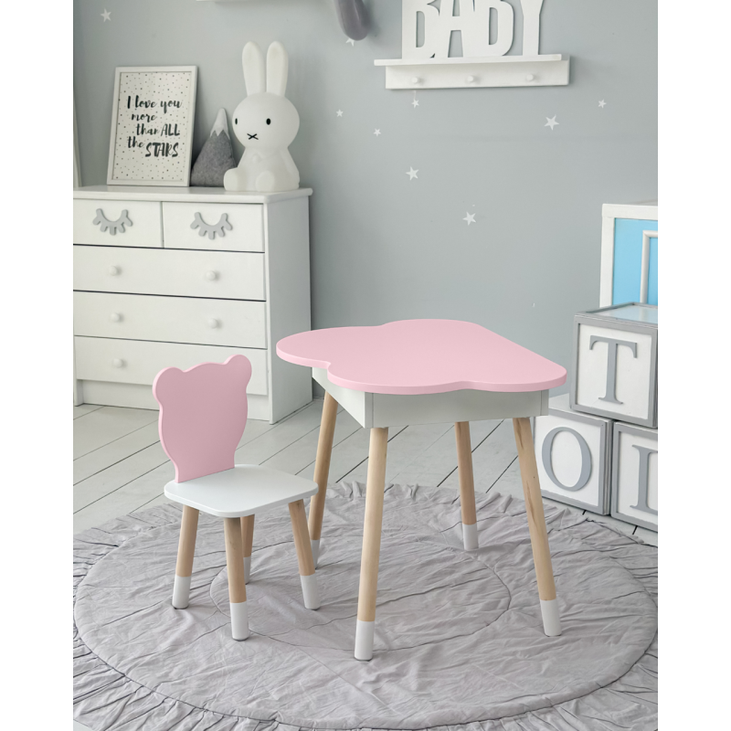 Столик хмаринка з нішею для речей 54х68х50 і стільчик спинка медведик 26.5х26х25, стіл та стілець в дитячу, білий з рожевим