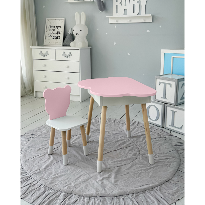 Столик хмаринка з нішею для речей 54х68х50 і стільчик спинка медведик 26.5х26х25, стіл та стілець в дитячу, білий з рожевим