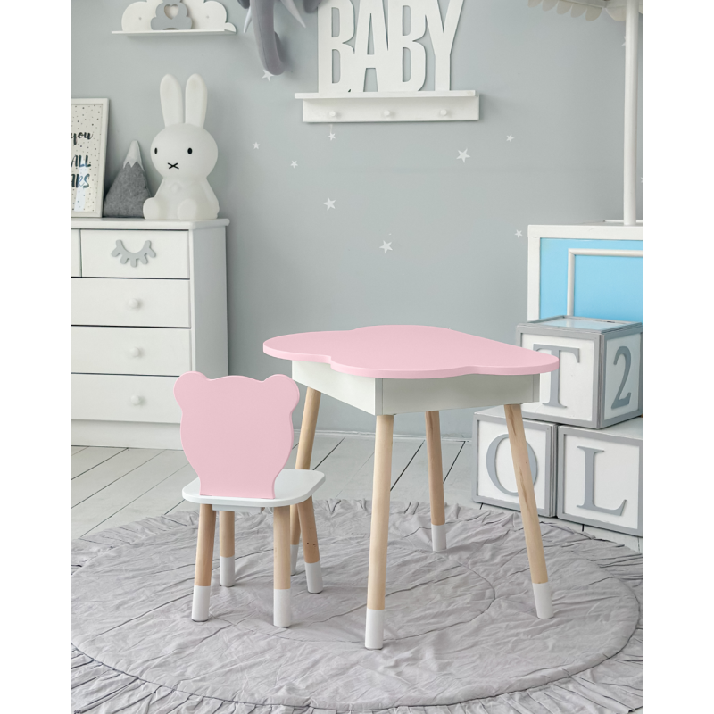 Столик хмаринка з нішею для речей 54х68х50 і стільчик спинка медведик 26.5х26х25, стіл та стілець в дитячу, білий з рожевим