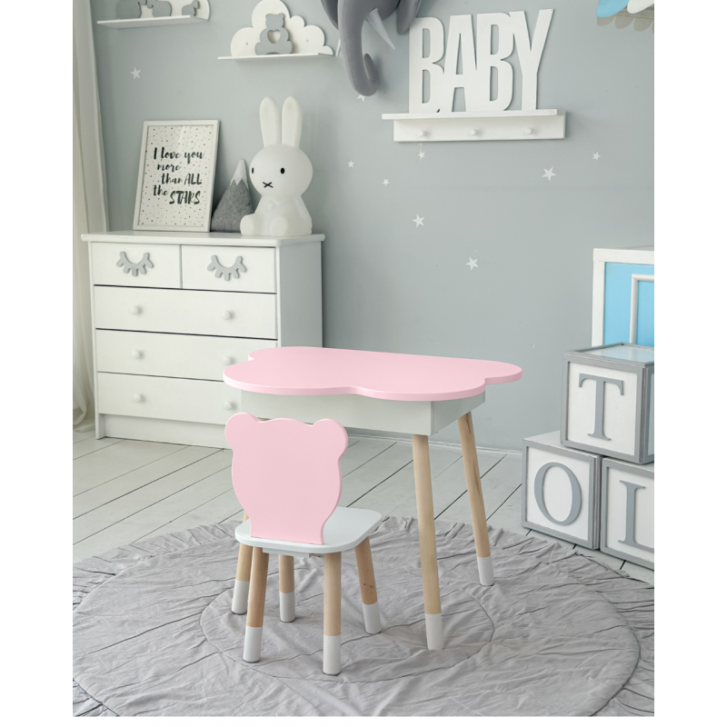 Столик хмаринка з нішею для речей 54х68х50 і стільчик спинка медведик 26.5х26х25, стіл та стілець в дитячу, білий з рожевим