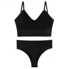 Бесшовный комплект женского белья в рубчик трусы и топ 1608# Черный L 80 ABC