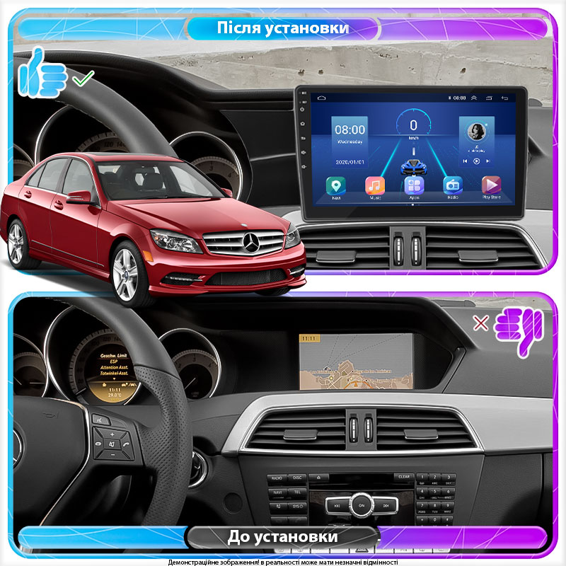 Штатная магнитола Lesko для Mercedes-Benz C-Класс III (W204) Рестайлинг 2011-2015 экран 9" 4/32Gb 4G Wi-Fi GPS Top