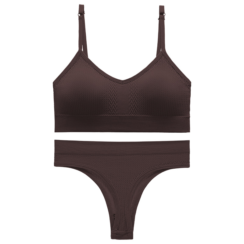 Бесшовный комплект женского белья в текстуре косичка трусы и топ 6608# Коричневый L