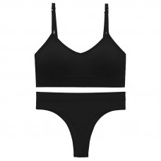 Бесшовный комплект женского белья в текстуре косичка трусы и топ 6608# Черный M