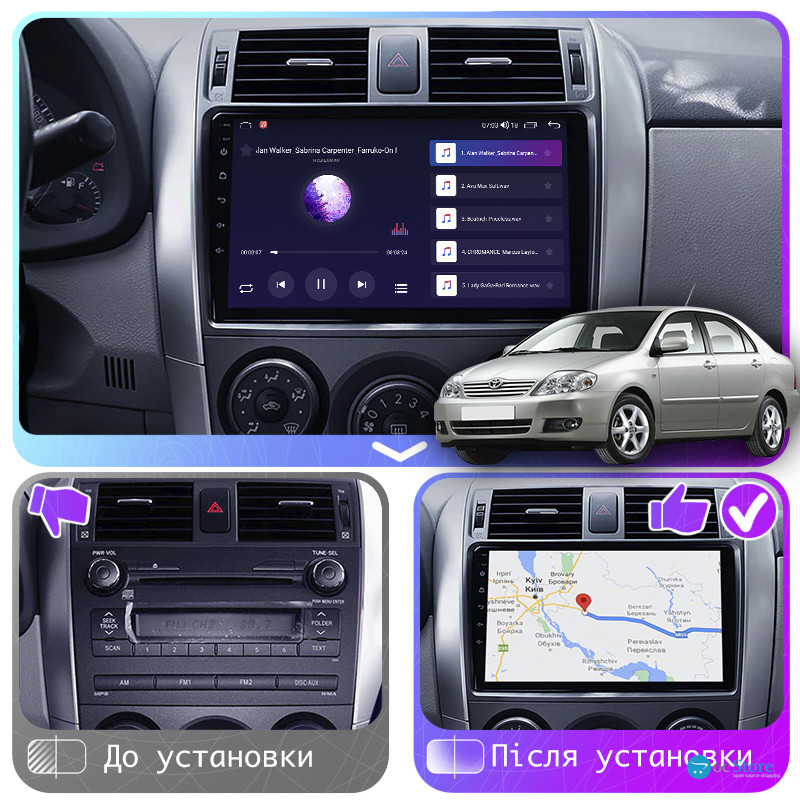 Штатная магнитола Lesko для Toyota Corolla IX (E120, E130) Рестайлинг 2003-2007 экран 9" 4/32Gb 4G Wi-Fi GPS Top