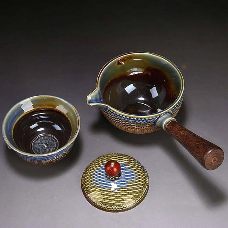 Дорожный набор для чайной церемонии керамический Dragon Blue-Golden