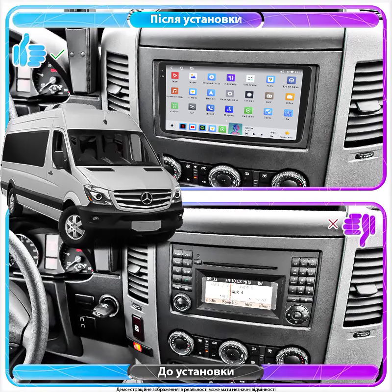 Штатная магнитола Lesko для Mercedes-Benz Sprinter II (W906) Рестайлинг  2014-2018 экран 9" 4/64 QLED CarPlay 4G Wi-Fi GPS 360 Prime