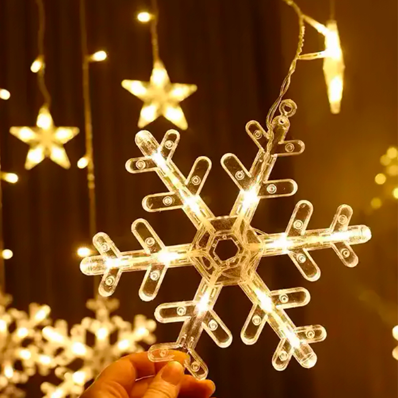Новогодняя светодиодная гирлянда штора 3*1 метр Снежинка и звезда Теплый свет