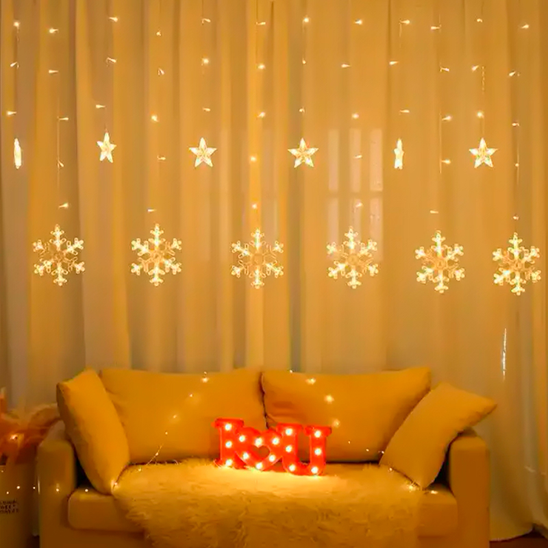 Новогодняя светодиодная гирлянда штора 3*1 метр Снежинка и звезда Теплый свет