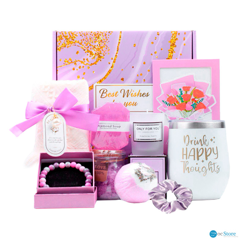Подарочный набор Spa Gift Basket Set 01 8 предметов термостакан мыло бомбочка соль для ванны ароматическая свеча открытка резинка браслет Violet
