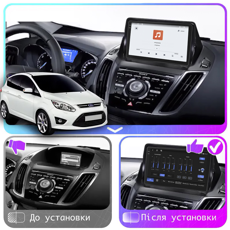 Штатная магнитола Lesko для Ford C-MAX II 2010-2015 экран 9" 4/64 QLED CarPlay 4G Wi-Fi GPS 360 Prime
