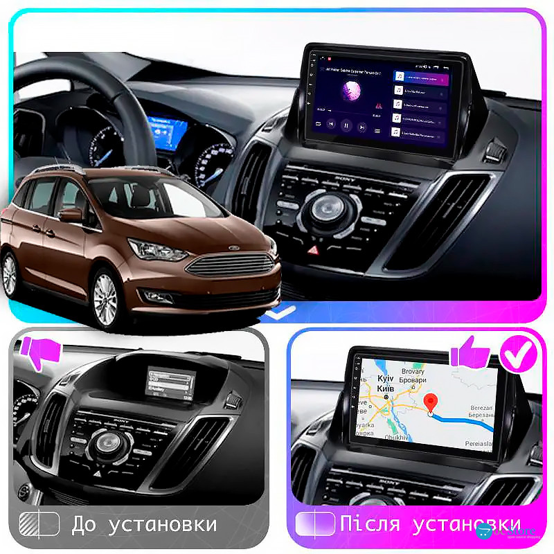 Штатная магнитола Lesko для Ford C-MAX II Рестайлинг 2015-2019 экран 9" 1/16Gb Wi-Fi GPS Base