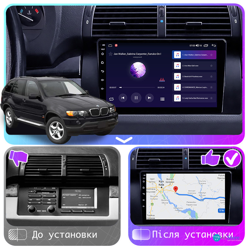 Штатная магнитола Lesko для BMW X5 I (E53) Рестайлинг 2003-2006 экран 9" 2/32Gb CarPlay 4G Wi-Fi GPS Prime