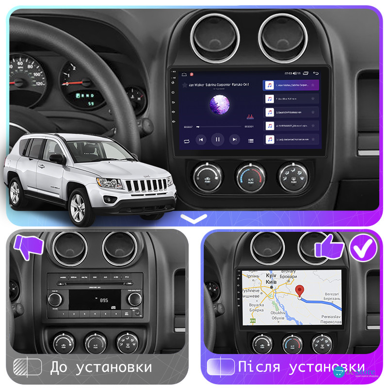 Штатная магнитола Lesko для Jeep Compass I Рестайлинг 2 2013-2016 экран 10" 4/64Gb CarPlay 4G Wi-Fi GPS Prime