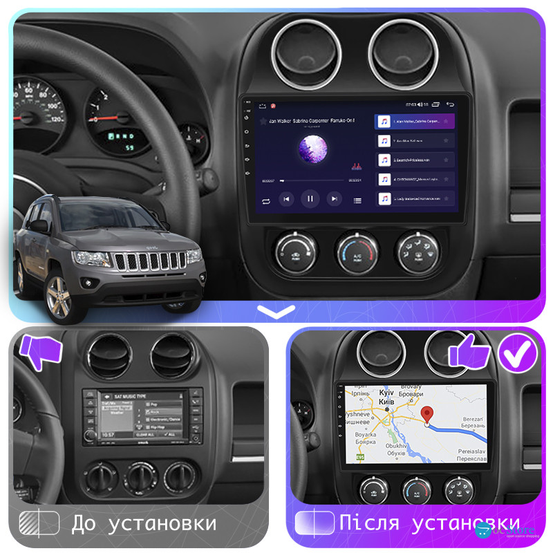 Штатная магнитола Lesko для Jeep Compass I Рестайлинг 2010-2013 экран 10" 2/32Gb Wi-Fi GPS Base