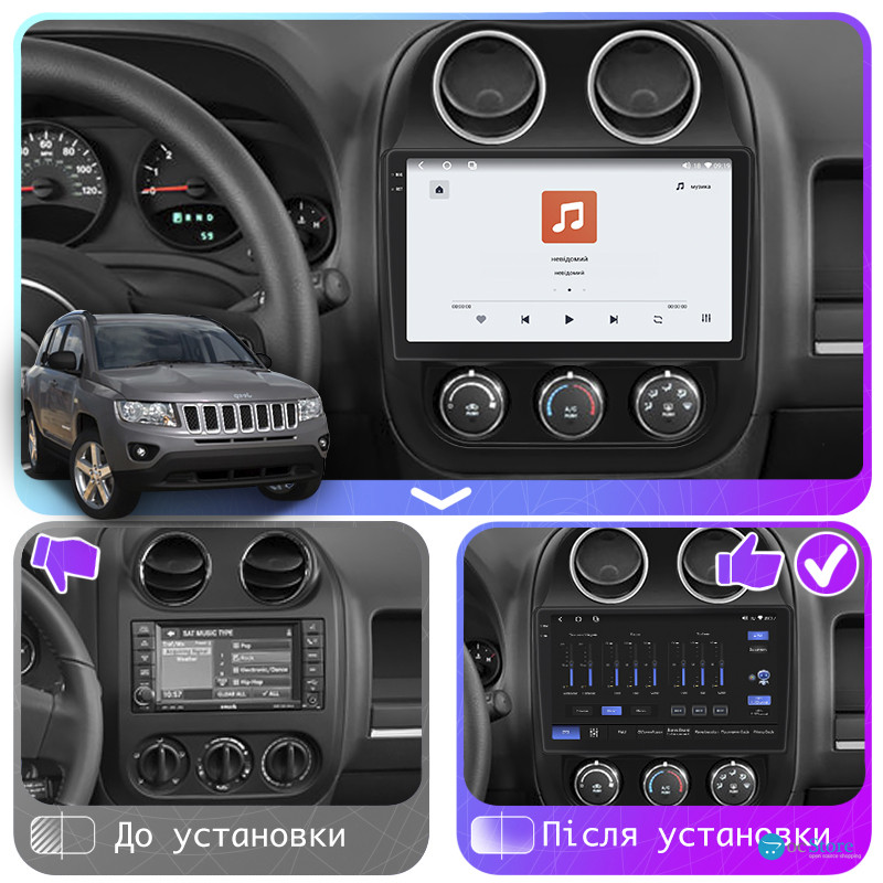 Штатная магнитола Lesko для Jeep Compass I Рестайлинг 2010-2013 экран 10" 4/64 QLED CarPlay 4G Wi-Fi GPS 360 Prime