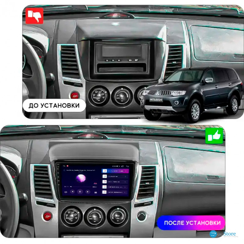 Штатная магнитола Lesko для Mitsubishi Pajero Sport II Рестайлинг 2013-2016 экран 9" 4/64Gb CarPlay 4G Wi-Fi GPS Prime