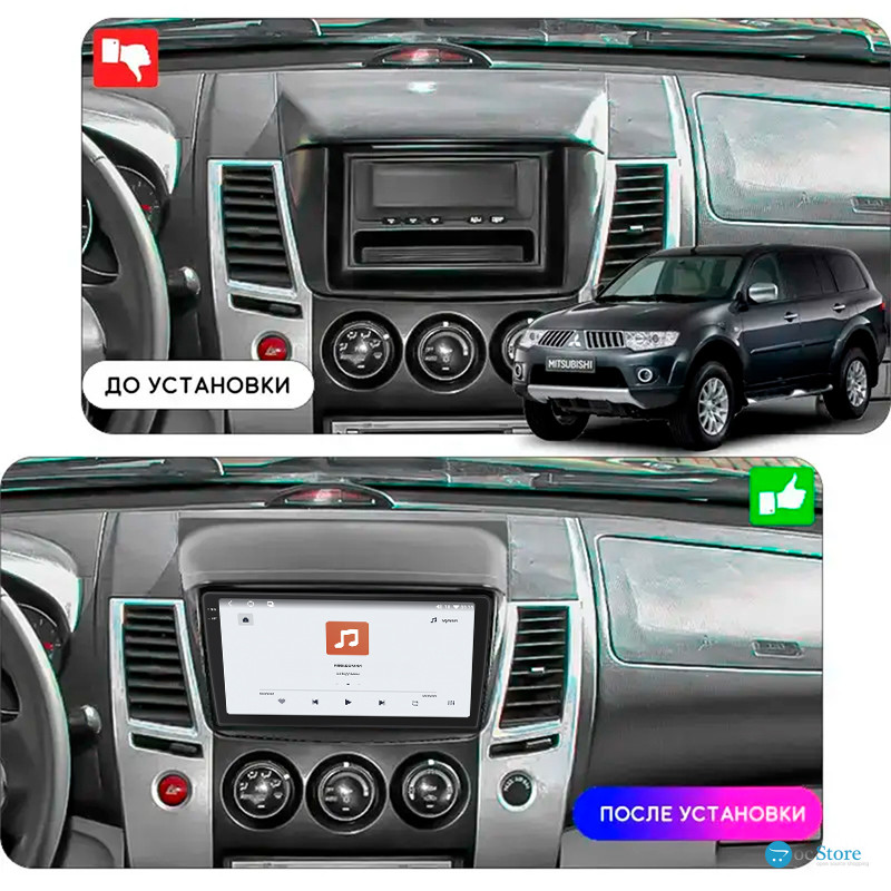 Штатная магнитола Lesko для Mitsubishi Pajero Sport II Рестайлинг 2013-2016 экран 9" 4/64 QLED CarPlay 4G Wi-Fi GPS 360 Prime