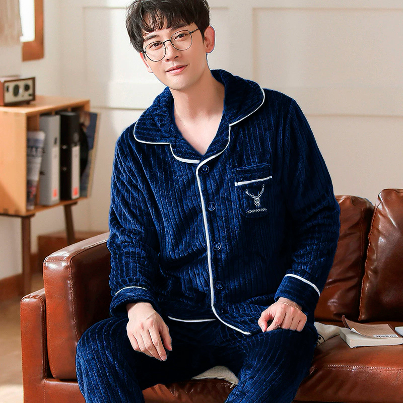 Комплект мужской пижамы CK-208 Dark Blue рубашка с длинным рукавом и штанами теплая XL