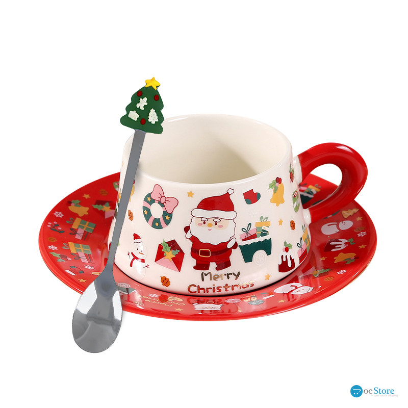 Рождественская чашка "Merry Christmass" Санта-Клаус JJX005 кружка с блюдцем с ложечкой новогодняя в подарочной упаковке Red