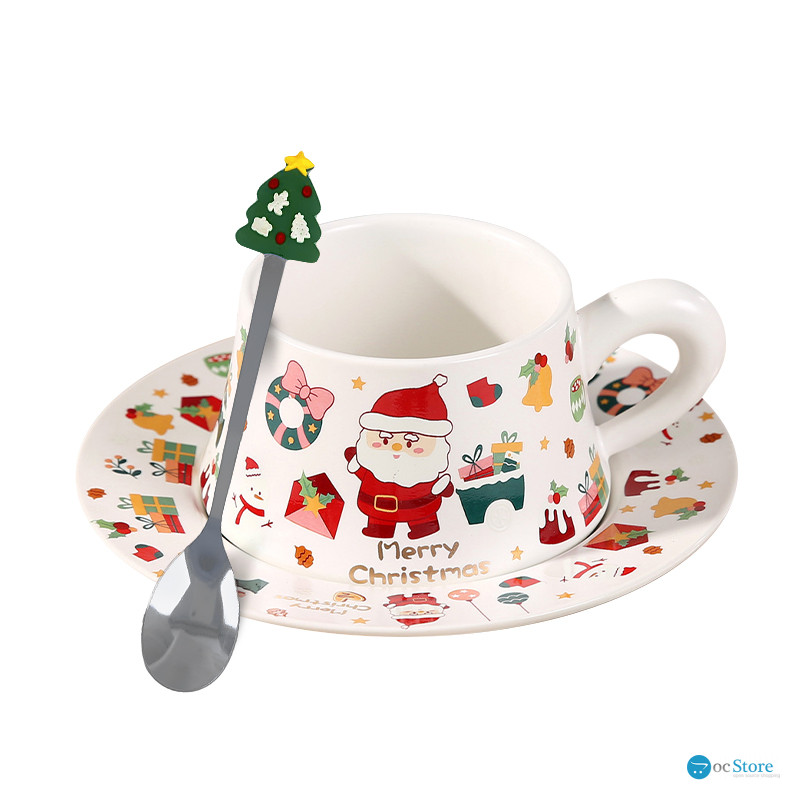 Рождественская чашка "Merry Christmass" Санта-Клаус JJX005 кружка с блюдцем с ложечкой новогодняя в подарочной упаковке White