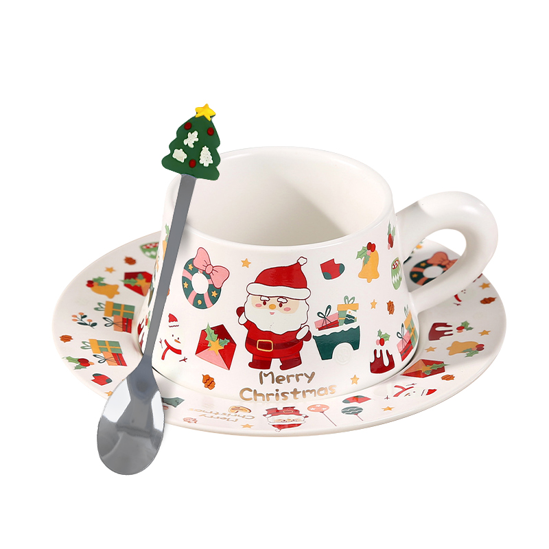 Рождественская чашка "Merry Christmass" Санта-Клаус JJX005 кружка с блюдцем с ложечкой новогодняя в подарочной упаковке White