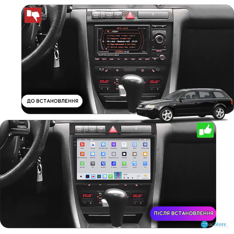 Штатная магнитола Lesko для Audi A6 II (C5) 1997-2001 экран 9" 4/64 QLED CarPlay 4G Wi-Fi GPS 360 Prime