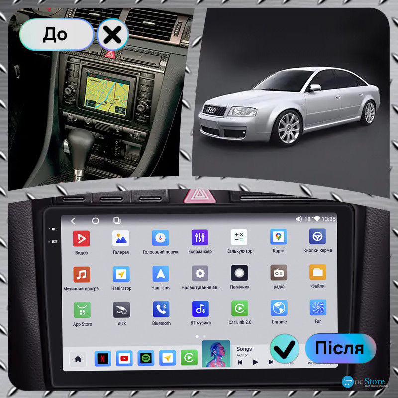 Штатная магнитола Lesko для Audi S6 II (C5) 1999-2004 экран 9" 4/64 QLED CarPlay 4G Wi-Fi GPS 360 Prime