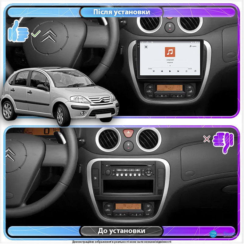 Штатная магнитола Lesko для Citroen C3 I Рестайлинг 2005-2010 экран 9" 4/64 QLED CarPlay 4G Wi-Fi GPS 360 Prime