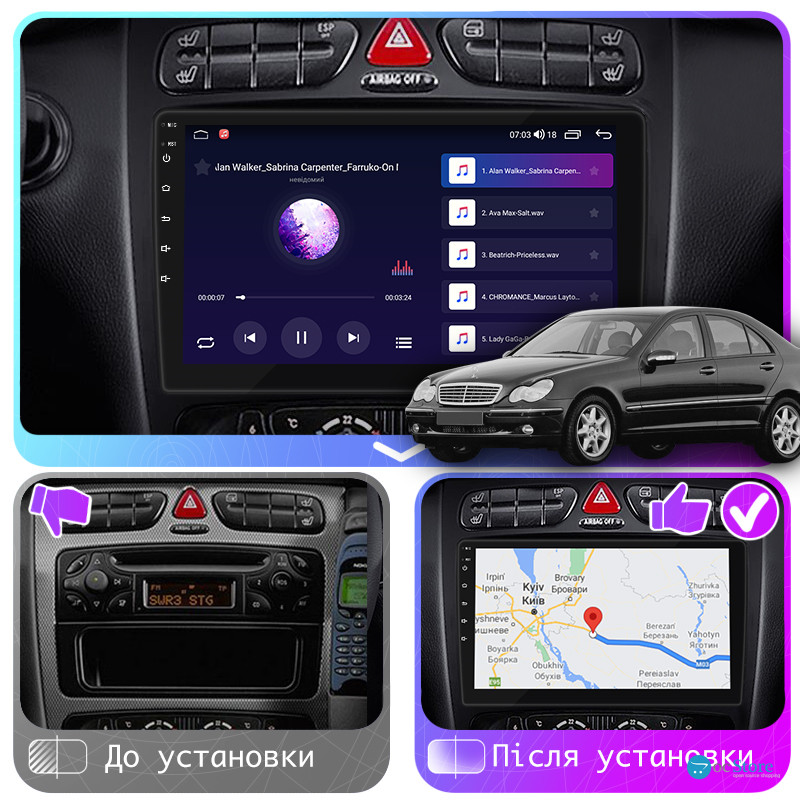 Штатная магнитола Lesko для Mercedes-Benz C-Класс II (W203) 2000-2004 экран 9" 2/32Gb CarPlay 4G Wi-Fi GPS Prime