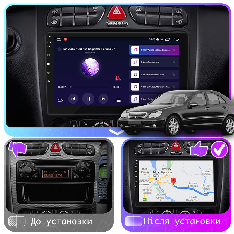 Штатная магнитола Lesko для Mercedes-Benz C-Класс II (W203) 2000-2004 экран 9" 4/64Gb CarPlay 4G Wi-Fi GPS Prime