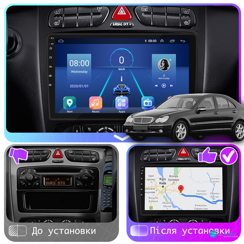 Штатная магнитола Lesko для Mercedes-Benz C-Класс II (W203) 2000-2004 экран 9" 2/32Gb 4G Wi-Fi GPS Top
