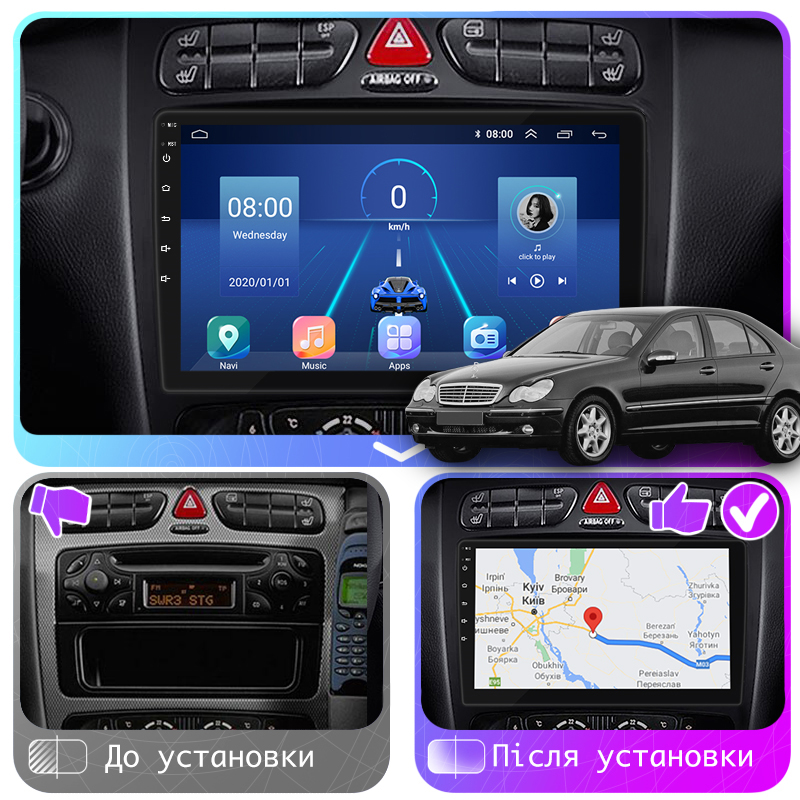 Штатная магнитола Lesko для Mercedes-Benz C-Класс II (W203) 2000-2004 экран 9" 6/128Gb 4G Wi-Fi GPS Top