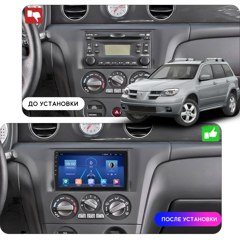 Штатная магнитола Lesko для Mitsubishi Outlander I 2002-2008 экран 10" 6/128Gb 4G Wi-Fi GPS Top