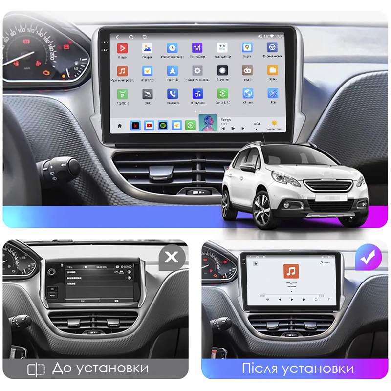 Штатная магнитола Lesko для Peugeot 2008 I 2013-2016 экран 10" 4/64 QLED CarPlay 4G Wi-Fi GPS 360 Prime