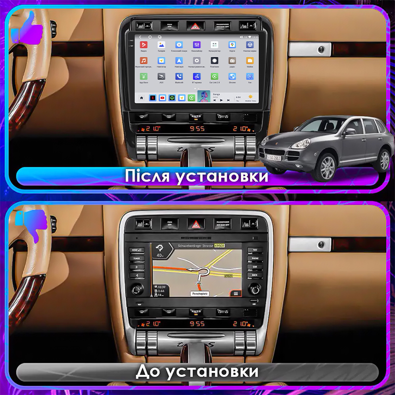 Штатная магнитола Lesko для Porsche Cayenne I (955) 2002-2007 экран 9" 4/64 QLED CarPlay 4G Wi-Fi GPS 360 Prime
