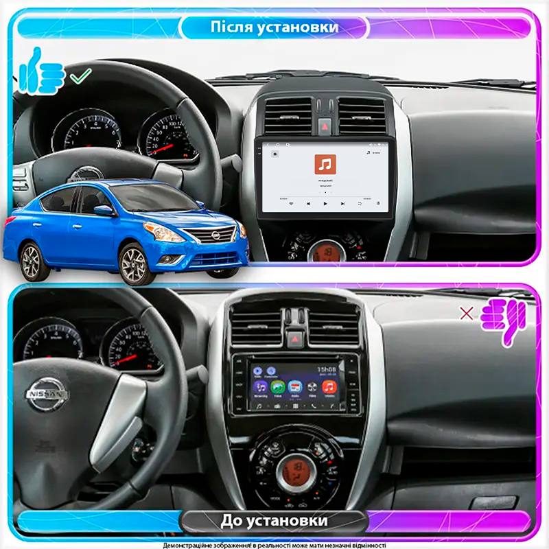 Штатная магнитола Lesko для Nissan Versa II Рестайлинг 2014-2019 экран 9" 4/64 QLED CarPlay 4G Wi-Fi GPS 360 Prime
