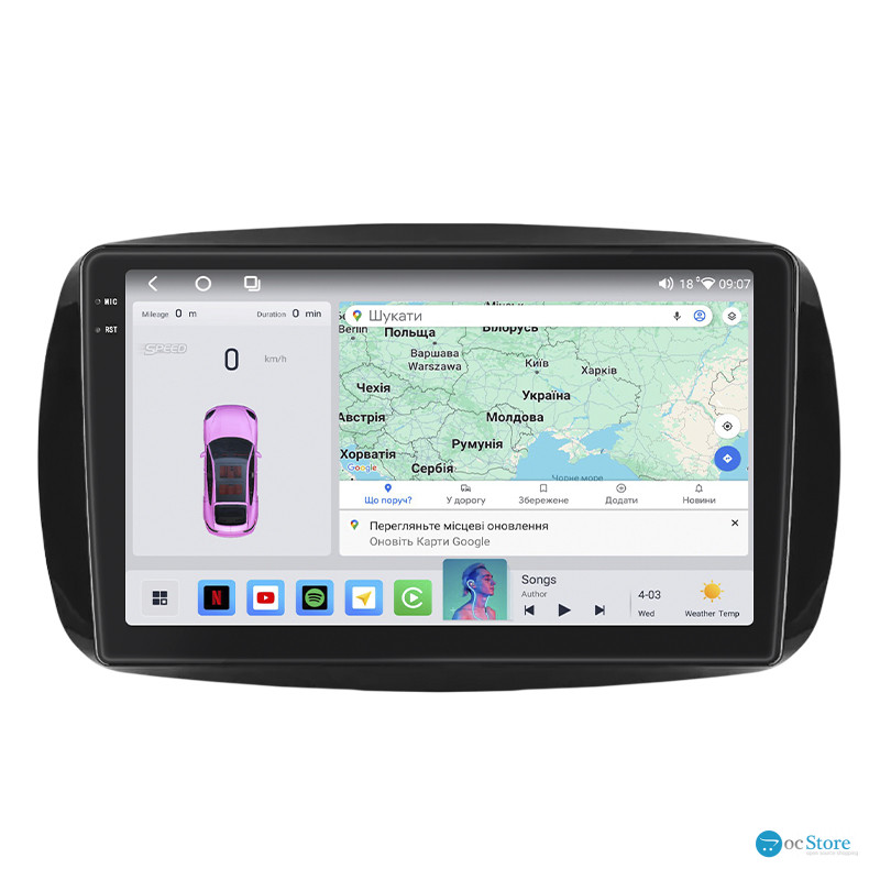 Штатная магнитола Lesko для Smart Fortwo III 2014-н.в. экран 9" 4/64 QLED CarPlay 4G Wi-Fi GPS 360 Prime