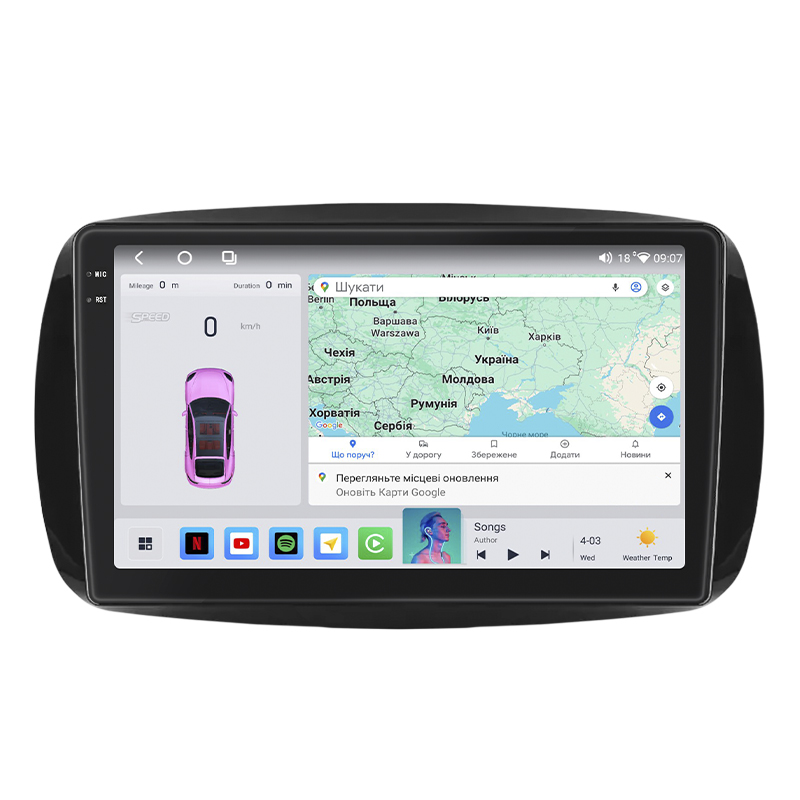 Штатная магнитола Lesko для Smart Fortwo III 2014-н.в. экран 9" 4/64 QLED CarPlay 4G Wi-Fi GPS 360 Prime