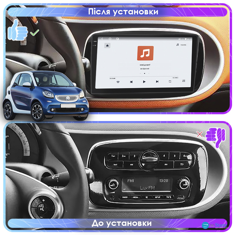 Штатная магнитола Lesko для Smart Fortwo III 2014-н.в. экран 9" 4/64 QLED CarPlay 4G Wi-Fi GPS 360 Prime