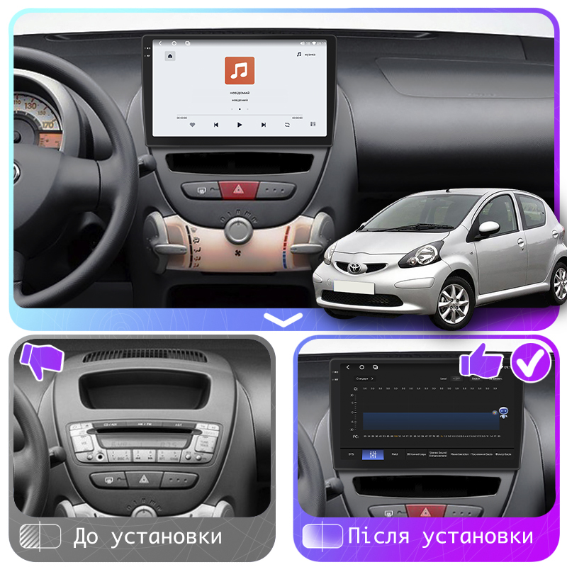 Штатная магнитола Lesko для Toyota Aygo I 2005-2009 экран 10" 4/64 QLED CarPlay 4G Wi-Fi GPS 360 Prime