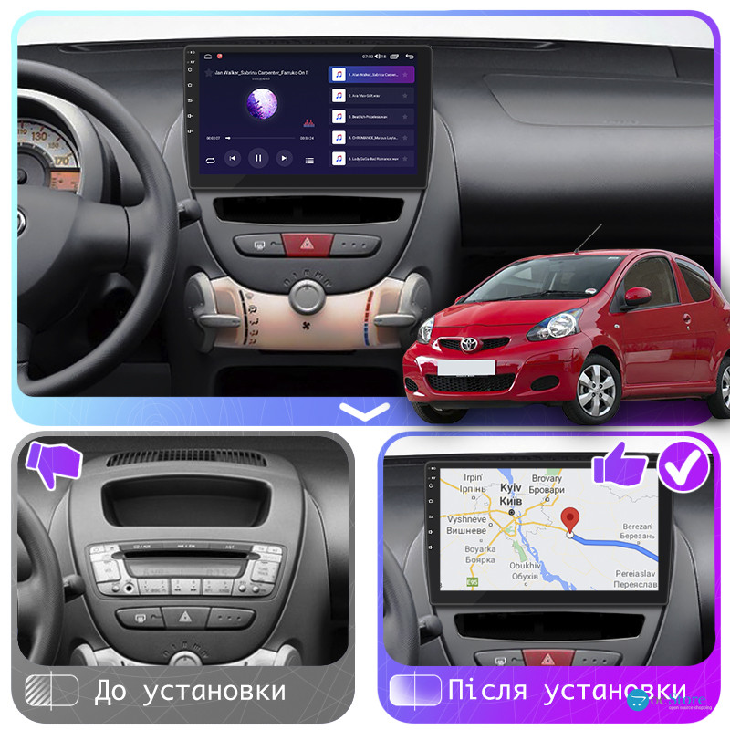 Штатная магнитола Lesko для Toyota Aygo I Рестайлинг 2009-2012 экран 10" 2/32Gb CarPlay 4G Wi-Fi GPS Prime