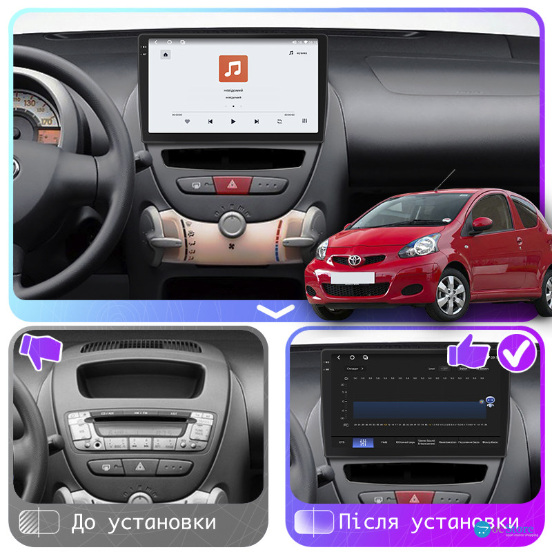 Штатная магнитола Lesko для Toyota Aygo I Рестайлинг 2009-2012 экран 10" 4/64 QLED CarPlay 4G Wi-Fi GPS 360 Prime