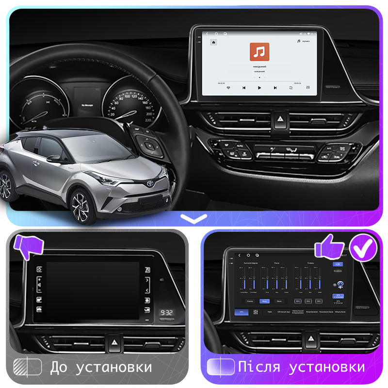 Штатная магнитола Lesko для Toyota C-HR I 2016-2019 экран 9" 4/64 QLED CarPlay 4G Wi-Fi GPS 360 Prime