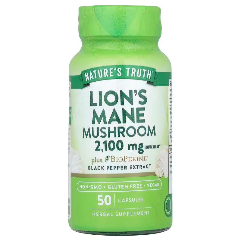 Їжовик гребінчастий, супер-гриб з біоперином, Lion's Mane Mushroom plus Bioperine, Nature's Truth, 2100 мг, 50 капсул