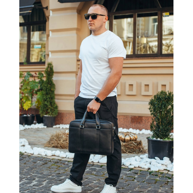 Шкіряна чоловіча сумка для документів та ноутбука 40x30x8, портфель для офіса SL-21511, чорний