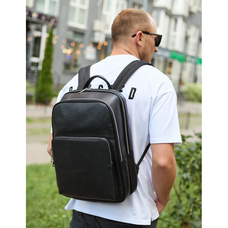 Класичний чоловічий рюкзак зі шкіри 42х30х16, практичний аксесуар для ноутбука та документів, чорний